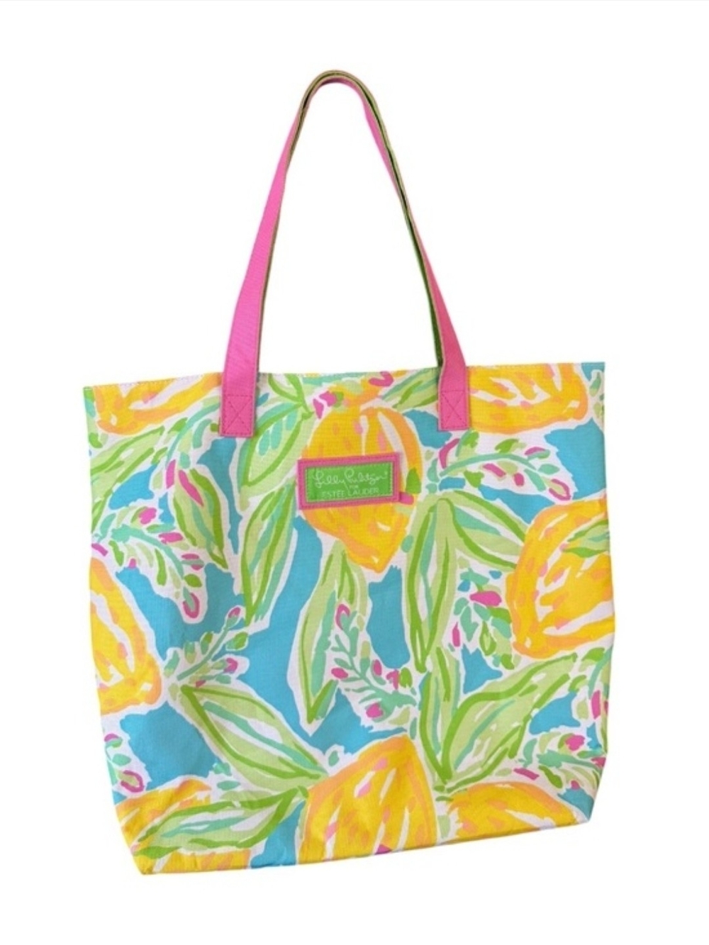 Lilly Pulitzer Tropical Lemon Print Tote with Pink Handles